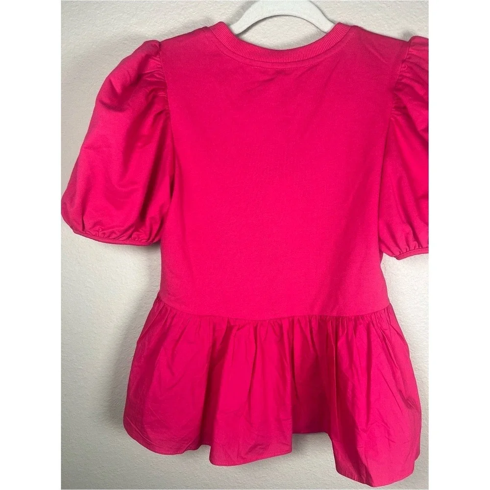 English Factory Mixed‎ Media Puff Sleeve Peplum Top Pink XS NWT Crewneck Blouse